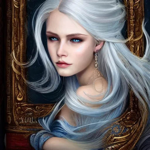 Prompt: a girl reading a book, hair flowing down, 8 k, hyperrealistic, hyperdetailed, white hair, blue eyes, fantasy portrait by laura sava