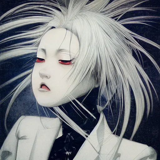 Image similar to Yoshitaka Amano realistic illustration of an anime girl with white hair and cracks on her face wearing dress suit with tie fluttering in the wind, abstract black and white patterns on the background, noisy film grain effect, highly detailed, Renaissance oil painting, weird portrait angle