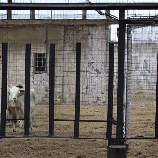 Prompt: a prison filled with cows