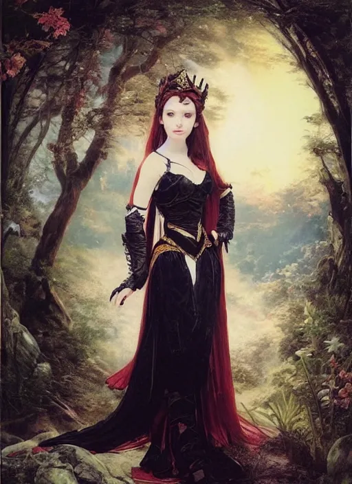 Image similar to Amouranth as an evil princess by Frederick Edwin Church, rule of thirds, seductive look, beautiful, in intergalactic Japan