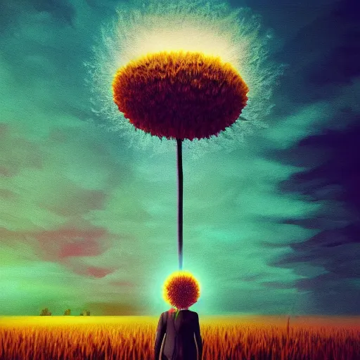 Image similar to giant daisy flower under head, standing frontal, a girl in a suit, surreal photography, sunrise, dramatic light, impressionist painting, digital painting, artstation, simon stalenhag