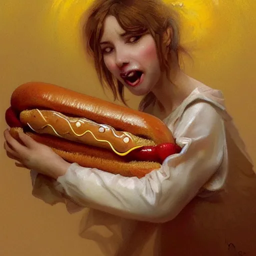 Image similar to hot dog with teeth sprouting out of bun, mustard dripping from teeth, side of ketchup, fantasy, intricate, elegant, highly detailed, digital painting, artstation, concept art, matte, sharp focus, illustration, art by artgerm and greg rutkowski and alphonse mucha