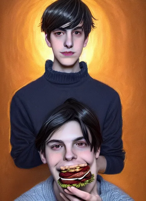 Image similar to portrait of teenage jughead jones wearing a light grey crown, crown, eating hamburger, blue turtleneck, eyes closed, crown, black hair, intricate, elegant, glowing lights, warm lighting, highly detailed, digital painting, artstation, concept art, smooth, sharp focus, illustration, art by wlop, mars ravelo and greg rutkowski