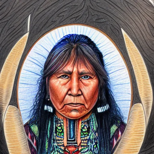 Image similar to a beautiful first nation woman, ultra detailed colored pencil drawing in style bellerose and desjarlais,