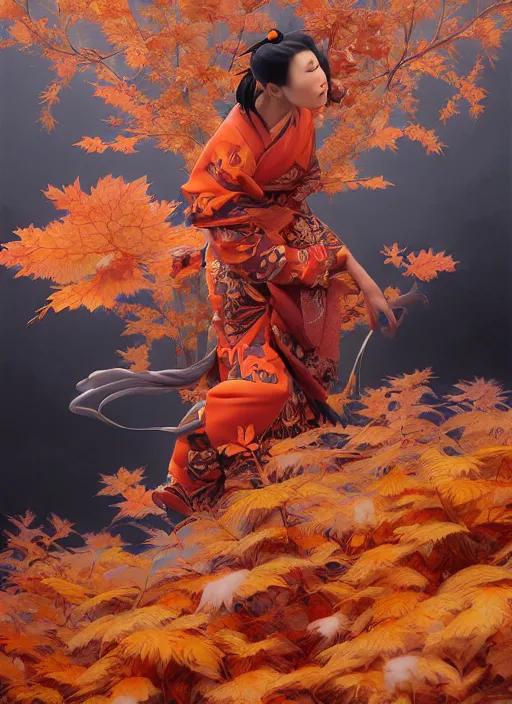 Prompt: tengu in autumn color kimono with art nouveau swirls, subsurface scattering, by jesper ejsing, justin gerard, tomasz alen kopera, cgsociety and fenghua zhong, highly detailed, rim light, cinematic lighting, illustration, art, octane render, very coherent, cinematic, hyper realism, high detail, octane render, 8 k