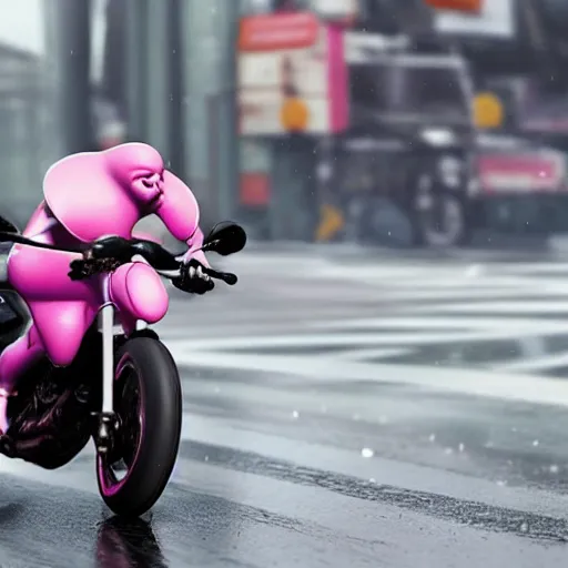 Prompt: hyper realistic, photo, humanoid pink female Squid girl, riding a motorcycle, popping wheelie fast in the rainy city traffic
