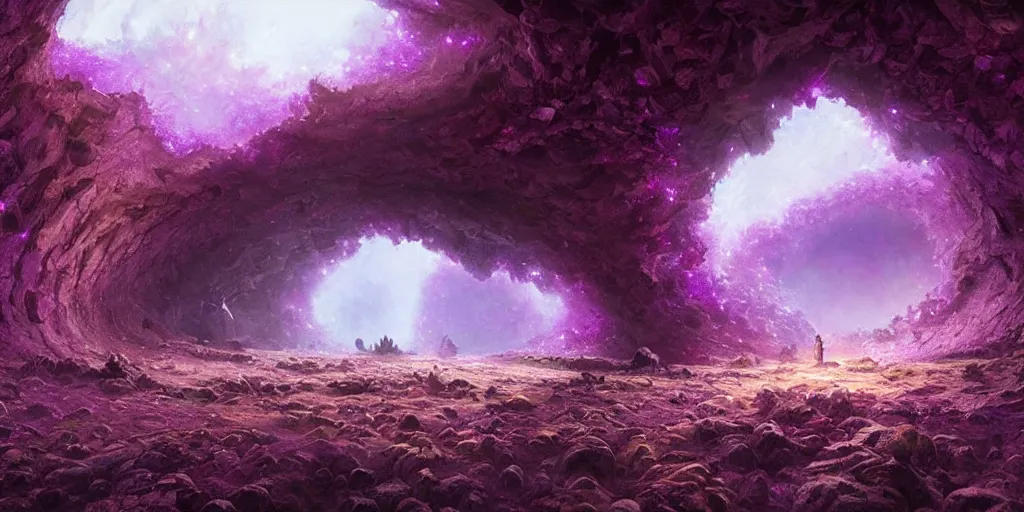 Image similar to zoomed out landscape, beautiful hyper realistic zergling tunnel in cave of purple crystals, beautiful painting by greg rutkowski, atmosphere, ethereal, magic, amazing, positive vibes