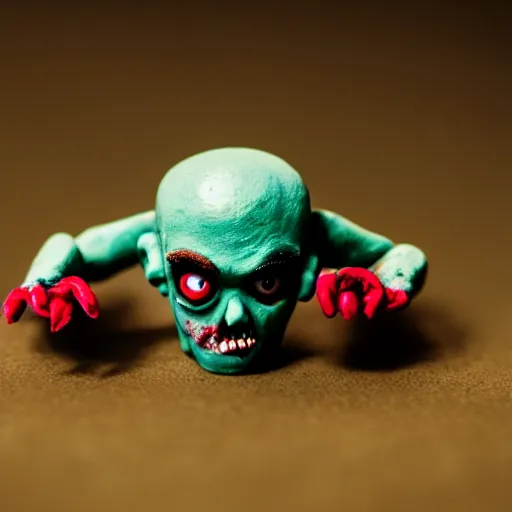 Image similar to a cinematic film still of a claymation stop motion film starring a cute zombie, shallow depth of field, 8 0 mm, f 1. 8