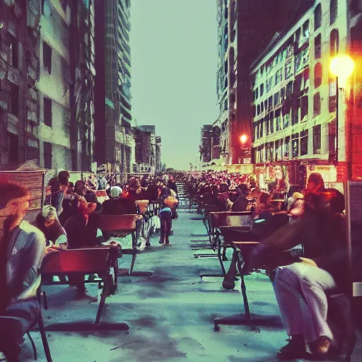 Image similar to people sitting in rows of desks in the middle of a city street, first person view from back row, dream - like atmosphere, high quality digital art