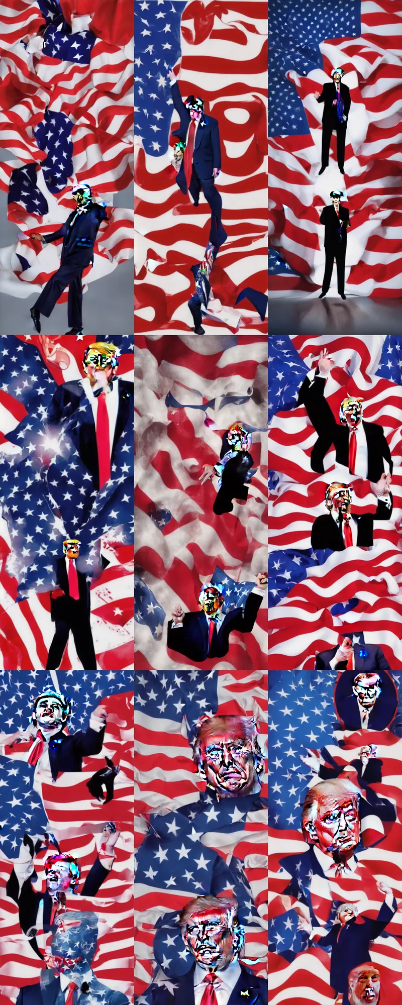 Image similar to graphic art of donald trump as a professional dancer in front of an american flag which covers the entire background