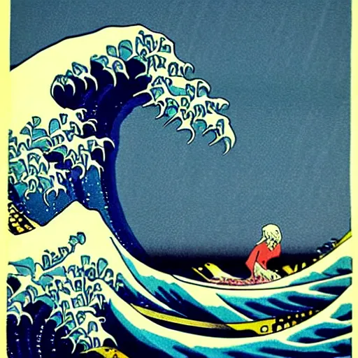 Image similar to surfer girl, woodblock print, style of hokusai, fine art, style of the great wave off kanagawa, painting