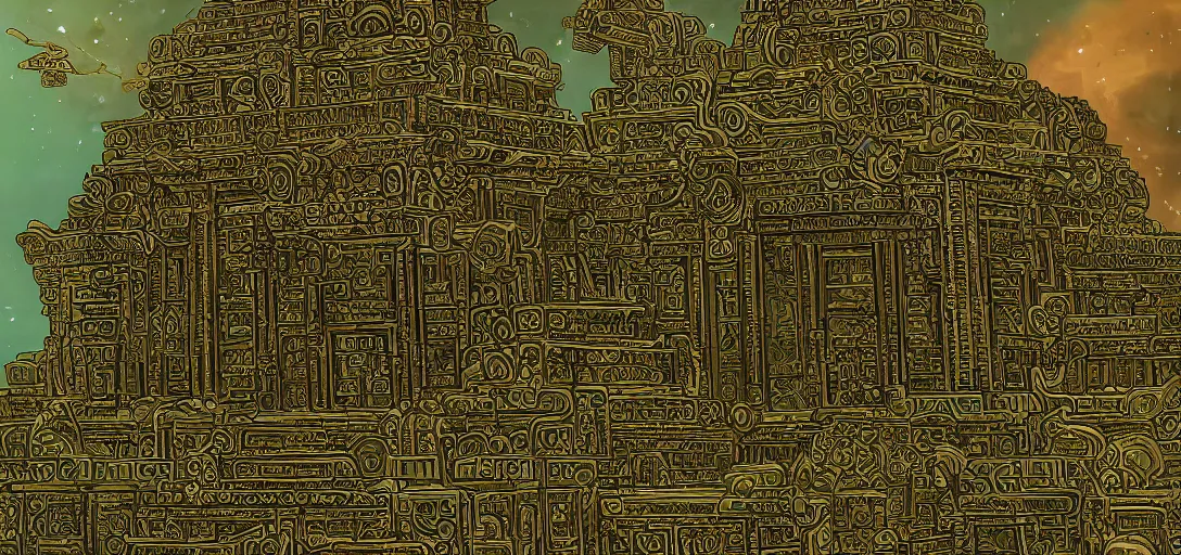 Image similar to extreme long shot of strange temple, the building is decorated with glyphs and on the top of the temple big gold design, the graphic style of Matt Sanz hyper detailed, trending on artstation, green tones, glow