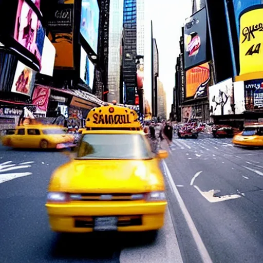 Image similar to giant snake eats yellow school bus, bus swallowed by giant snake, time square, cinematic, dramatic, film still