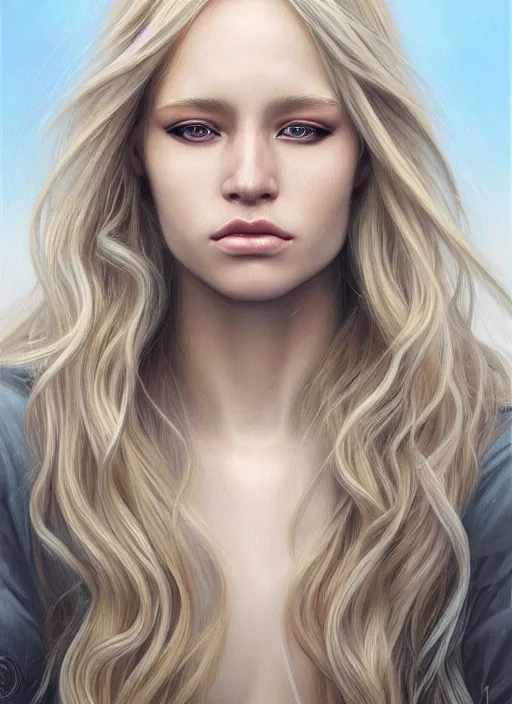 Image similar to a painting of a woman with long blonde hair, a photorealistic painting by magali villeneuve, featured on cgsociety, fantasy art, detailed painting, photorealistic