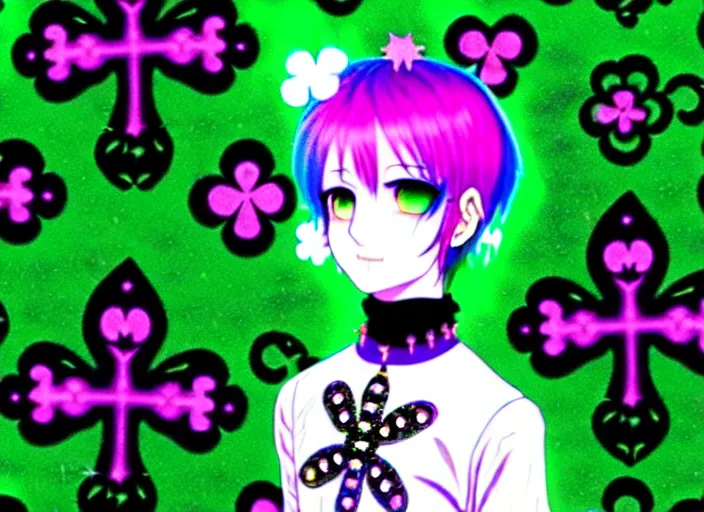 Prompt: baroque bedazzled gothic royalty frames surrounding a hologram of decora styled green haired yotsuba koiwai wearing a gothic spiked jacket, background full of lucky clovers, crosses, and shinning stars, holography, irridescent