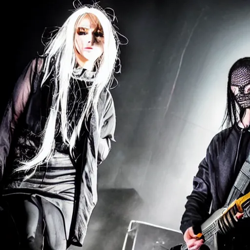 Prompt: a stage photo of a man and a woman performing darkwave music, wearing clothes by rick owens, with short blond hair and faces veiled