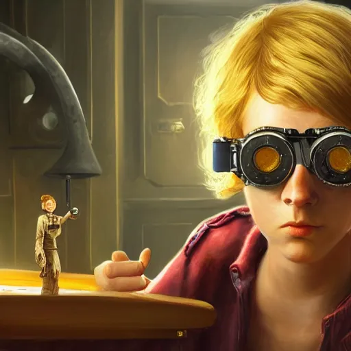Prompt: rough and moody, colorful, highly detailed painting, science fiction, awkward brilliant female blond teenage tomboy girl with short hair, wearing victorian brass goggles, playing poker with extraterrestrials, octane render, artstation, michael whelan, ron cobb, digital illustration