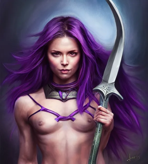 Prompt: muscular female warrior holding giant dagger, perfect face, diadem, black halter top, purple hair, abs, cinematic, blush, stunning, athletic, strong, agile, highly detailed, psychedelic, digital painting, artstation, smooth, hard focus, illustration, art by jessica rossier and and brian froud