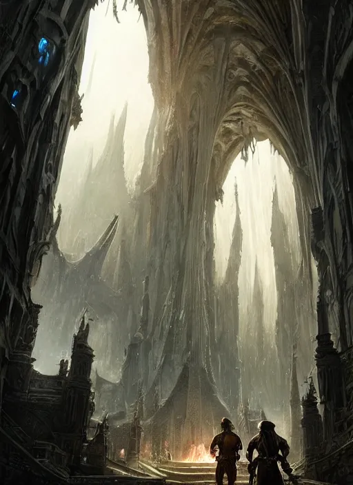 Prompt: a medieval adventurer inside an enormous alien cathedral,, lord of the rings, portal to another dimension, cinematic lighting, highly detailed, sharp focus, perfect composition, 4 k, artgerm, derek zabrocki, greg rutkowski