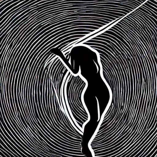 Prompt: a black silhouette of a girl with long hair falling in a hole of hands, black and white color scheme, rope, dark