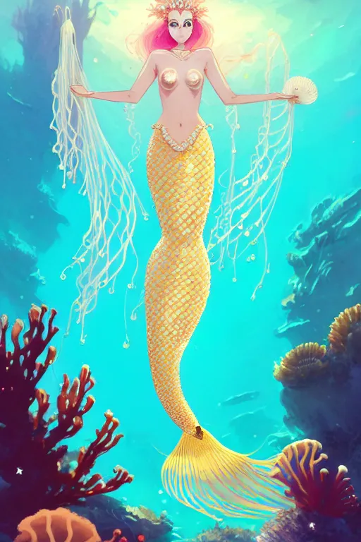 Image similar to a beautiful mermaid queen of the ocean in the middle of coral reefs, pearl and gold and crystal jewelry, complex and shiny dress inspired by jellyfish, by ross tran and atey ghailan, by greg rutkowski, by greg tocchini, by james gilleard, by joe fenton, by kaethe butcher, dynamic lighting, grunge aesthetic