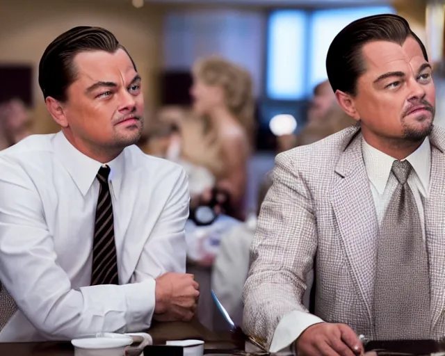 Image similar to leonardo dicaprio as the wolf of wall street next to margot robbie as naomi from the wolf of wall street, hyper realistic faces, cinematic, long shot, hyper detailed, 8 5 mm photograph, 8 k resolution, film still, sharp lens, wide lens