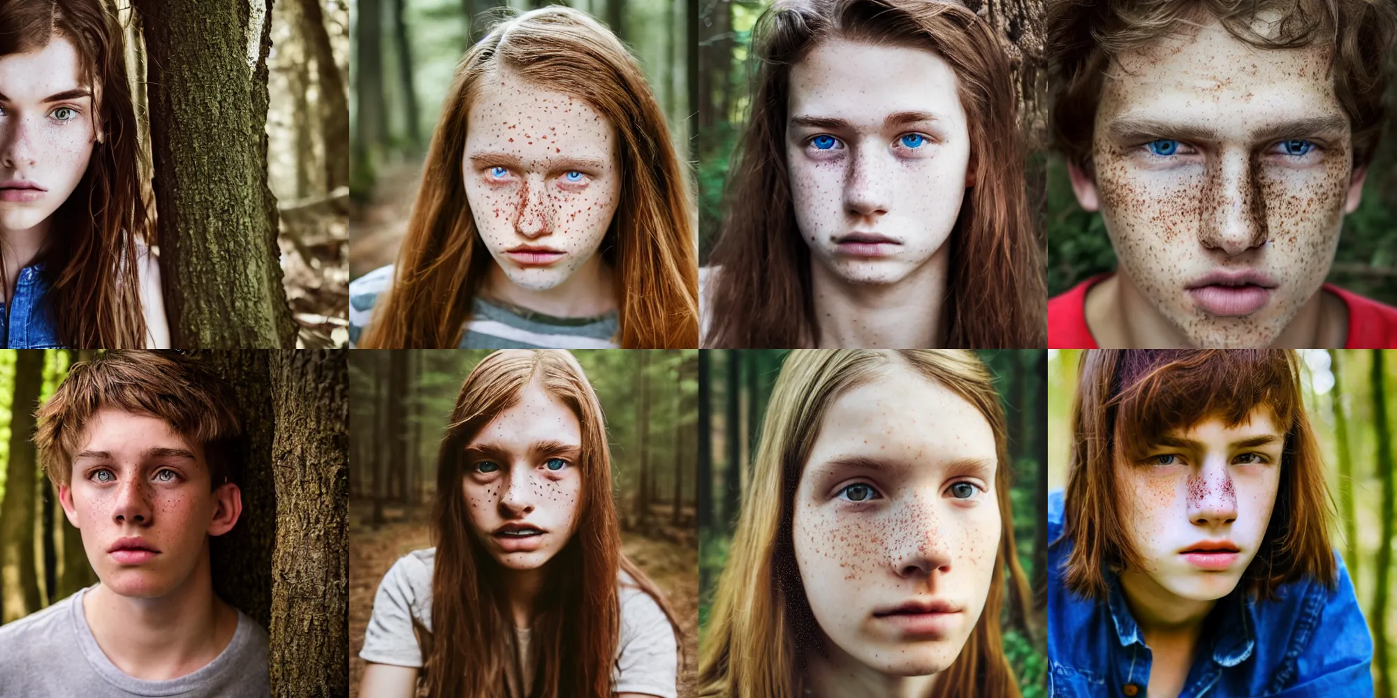 Prompt: portrait, teenager, freckles, brown hair, thin eyebrows, brown eyes, red shirt, blue jeans, walking in forest, detailed face, realistic photo.