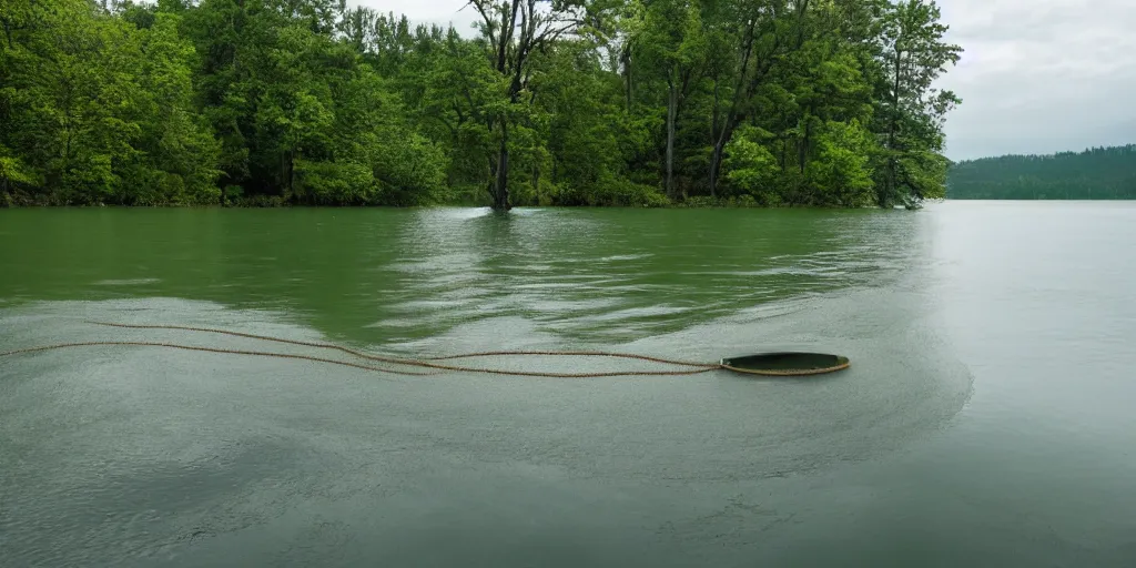 Image similar to centered photograph of a long rope snaking across the surface of the water, floating submerged rope stretching out towards the center of the lake, a dark lake on a cloudy day, mood, trees in the background, anamorphic lens, 4 k