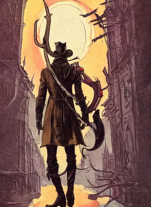 Image similar to a retrofuturism hunter from bloodborne in yharnam, style by retrofuturism, faded red and yelow, by malcolm smith, old comics in city, nicholas roerich