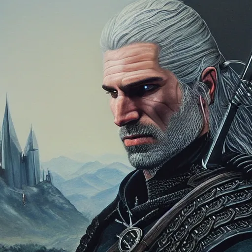 Image similar to a portrait of witcher, geralt of rivia with mordor in the background painting by elisabeth jerichau - baumann. painting, oil on canvas, horizontally symmetric