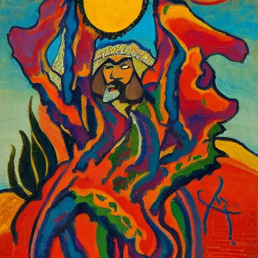 Prompt: persian portrait of an anthropomorphic desertic landscape, desert, sun, abstract, high - energy, chaotic masterpiece