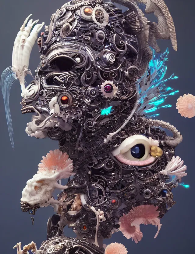 Image similar to 3 d goddess cyborg close - up profile portrait with ram skull. beautiful intricately detailed japanese crow kitsune mask and clasical japanese kimono. betta fish, jellyfish phoenix, bio luminescent, plasma, ice, water, wind, creature, artwork by tooth wu and wlop and beeple and greg rutkowski