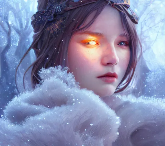 Image similar to beautiful ancient frost witch, fire in eye, snow glow, pool party, highly detailed, digital painting, artstation, sharp focus, illustration, art by tan zi and ayanamikodon and alphonse mucha and wlop