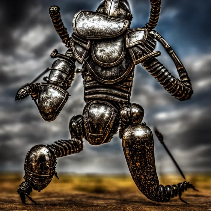 Prompt: photo of a warrior with metal ant themed armour, highly detailed, 4 k, hdr, smooth, sharp focus, high resolution, award - winning photo