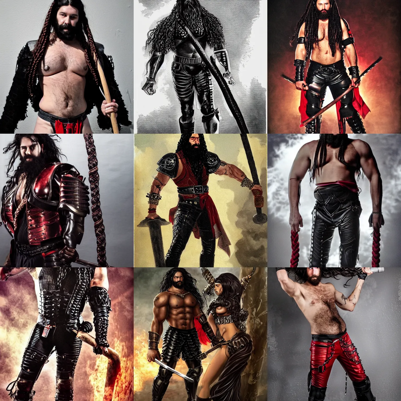 Prompt: tall man with long curly black hair and a red braided beard, a thick powerful and muscular body with a bit of fat, shirtless with armored leather pants and boots and gauntlets, a massive hammer in hand, walking towards the camera