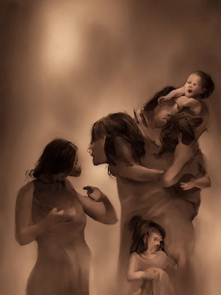 Image similar to motherhood, concept art, dramatic lighting, blunt borders, rule of thirds