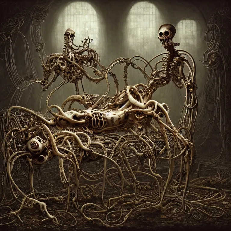 Prompt: still life of two abandoned biomechanical cyborg male lovers laying on a table, surreal alien ribbed fruit flowers, white human spine, covered with tentacles, roots, wires, tubes, baroque painting, standing in a desolate empty wasteland, creepy, nightmare, dream-like heavy atmosphere, surreal abandoned buildings, baroque painting, beautiful detailed intricate insanely detailed octane render trending on Artstation, 8K artistic photography, photorealistic, chiaroscuro, Raphael, Caravaggio, Beksinski, Giger