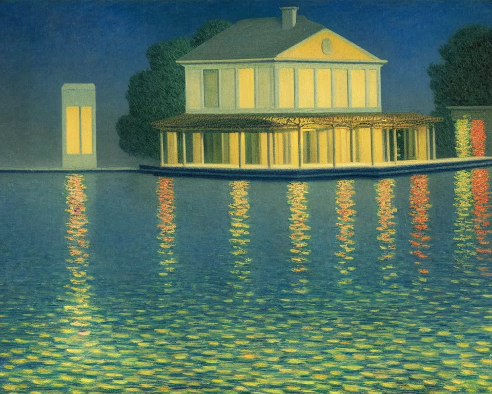 Image similar to achingly beautiful painting of a sophisticated, well - decorated pool house at night by rene magritte, monet, and turner.