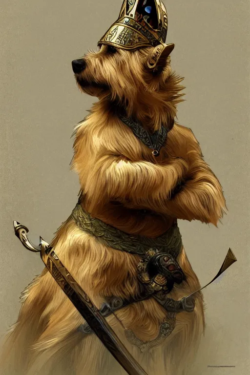 Image similar to norwich terrier as an Viking warrior, fantasy, intricate, elegant, highly detailed, digital painting, artstation, concept art, smooth, sharp focus, illustration, art by alphonse mucha