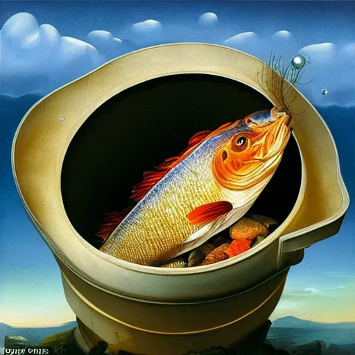 Prompt: a fish on the top of a pile of fish, inside a cooking pot, side view, by vladimir kush, dystopian aer, rococo