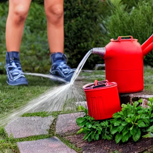 Prompt: photo watering flowers from a red gas can