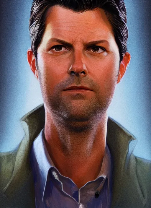 Prompt: portrait Adam Scott in Severance (2022), highly detailed, centered, solid color background, digital painting, artstation, concept art, smooth, sharp focus, illustration, Basil Gogos, Joseph Christian Leyendecker, Les Edwards, Ed Repka, WLOP, Artgerm