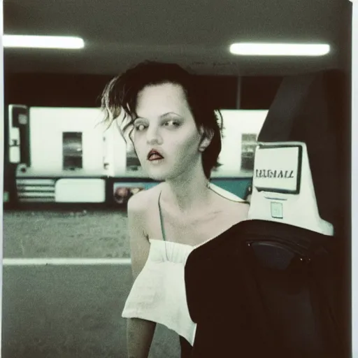 Image similar to polish woman with short hair wearing an issey miyake shirt and skirt at a gas station, polaroid, by nan goldin, jamel shabbaz, gregg araki