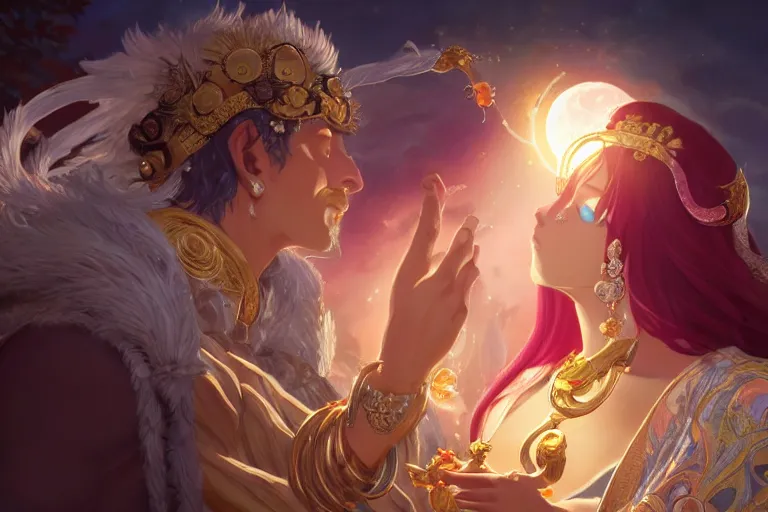 Image similar to close up moment of a divine a sun god and a moon goddess lovers magician at a wedding banquet, highly detailed, d & d, fantasy, 4 k realistic, digital painting, trending on artstation, concept art, sharp focus, illustration, art by makoto shinkai and akihiko yoshida and daniel gerhartz