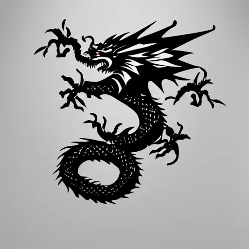 Image similar to a vinyl decal of a flying Chinese dragon, black ink shading on white background