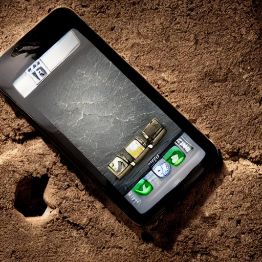 Image similar to fossilized cellphone, archaeology, photorealisitc