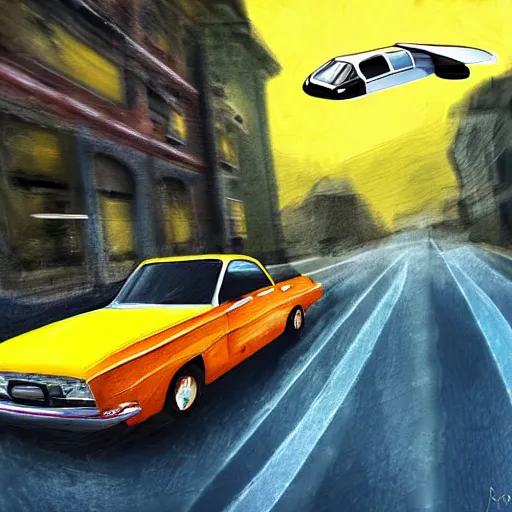 Image similar to chased by a flying car, digital art