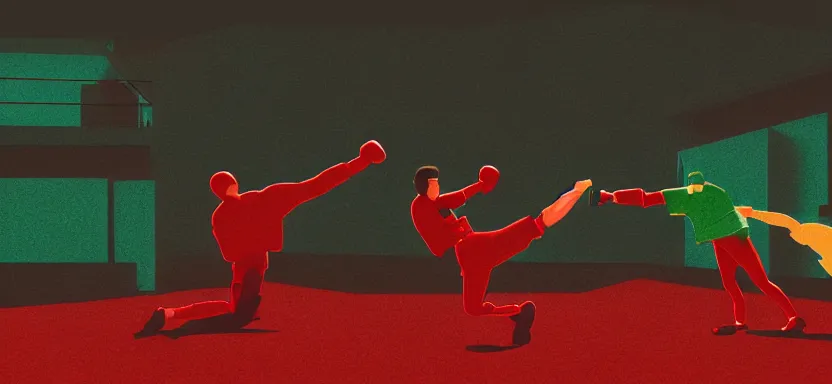 Prompt: handmade illustration of two people boxing, bloody uppercut action shot knockout, line art, octane render with volumetric lighting, 3D illustration by MC Escher, industrial waste processing, bladerunner, green and red radioactive swamp