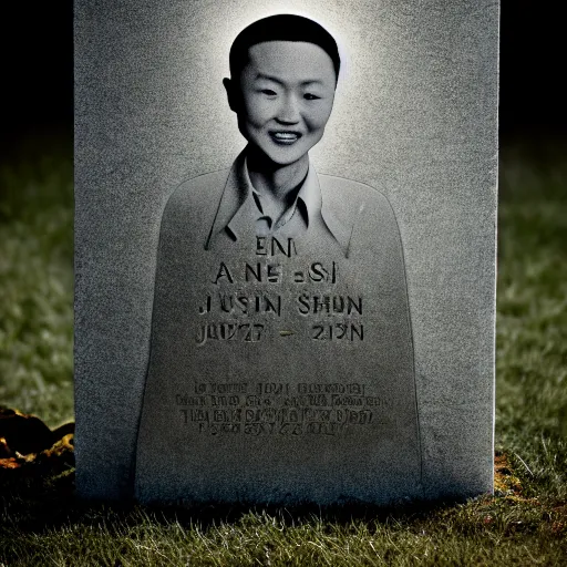 Image similar to a headstone with justin sun hologram, by annie leibovitz, shallow depth of field, cinematic lighting, dystopian futurism