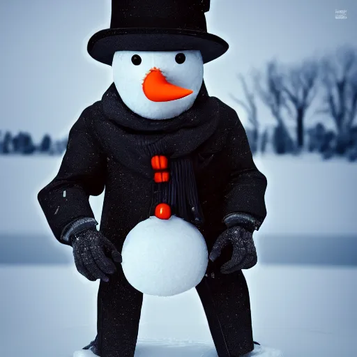 Image similar to a highly detailed humanoid snowman in business suit with black eyes and mouth, no nose, hyperrealism, professional, octane render